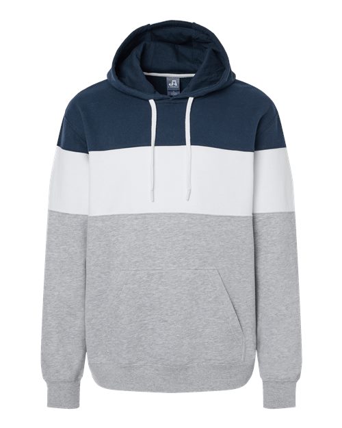 Load image into Gallery viewer, J. America 8644 Men's Varsity Fleece Colorblocked Hooded Sweatshirt - Navy/ Oxford
