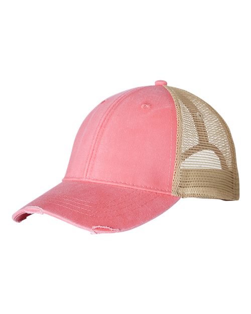 Adams Headwear OL102 Ollie Distressed Trucker Cap - Coral/ Tan