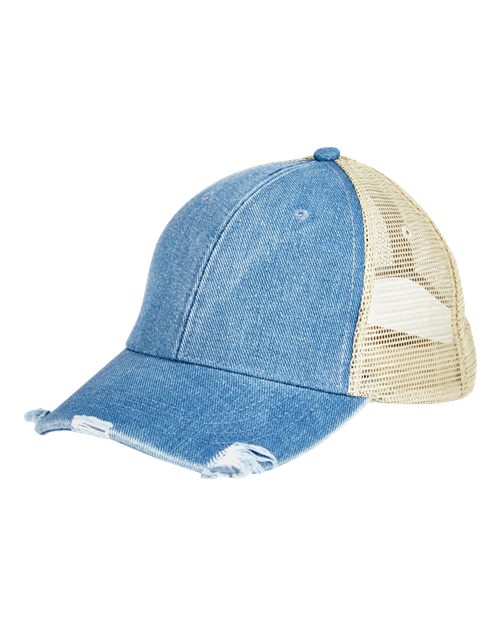Adams Headwear OL102 Ollie Distressed Trucker Cap - Light Denim/ Tan