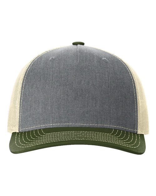 Richardson 112FP Five-Panel Trucker Cap - Heather Grey/ Birch/ Army Olive
