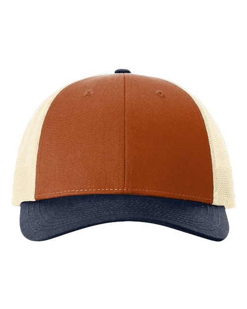 Load image into Gallery viewer, Richardson 115 Low Pro Trucker Cap - Dark Orange/ Birch/ Patriot Blue
