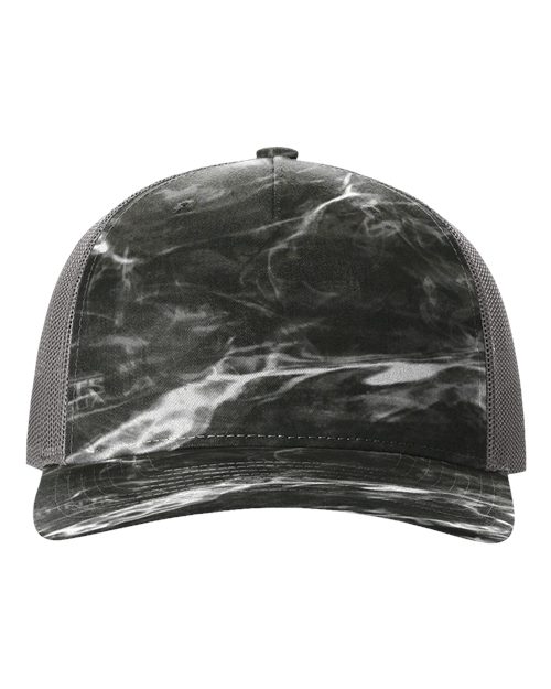 Load image into Gallery viewer, Richardson 112PFP Printed Five-Panel Trucker Cap - Mossy Oak Elements Blacktip/ Charcoal
