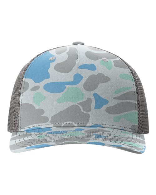Load image into Gallery viewer, Richardson 112PFP Printed Five-Panel Trucker Cap - Saltwater Duck Camo/ Charcoal
