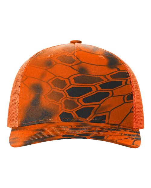 Load image into Gallery viewer, Richardson 112PFP Printed Five-Panel Trucker Cap - Kryptek Inferno/ Blaze Orange
