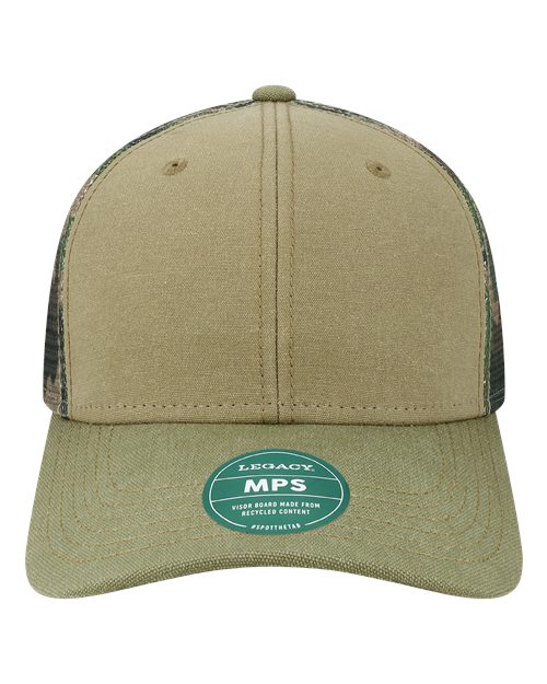 Load image into Gallery viewer, LEGACY MPS Mid-Pro Snapback Trucker Cap - Khaki/ Sage/ Camo Mesh

