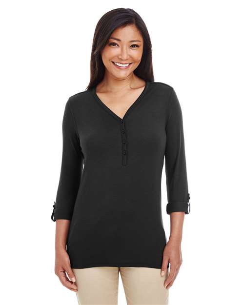 Devon & Jones DP186W Women's Perfect Fit™ Y-Placket Convertible Sleeve Knit Top - Black