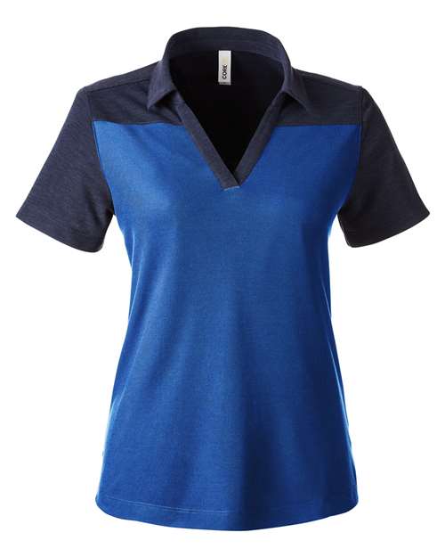 Load image into Gallery viewer, CORE365 CE112CW Women's Fusion ChromaSoft™ Colorblock Polo - True Royal/ Classic Navy Heather
