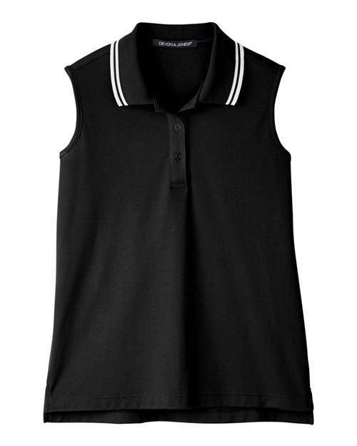 Devon & Jones DG20SW Women's CrownLux Performance® Plaited Tipped Sleeveless Polo - Black/ White
