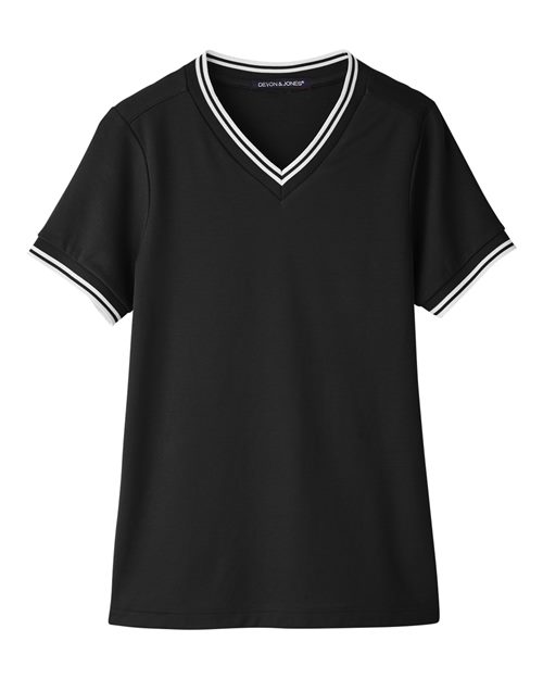 Devon & Jones DG20CW Women's CrownLux Performance® Plaited Tipped V-Neck Shirt - Black/ White