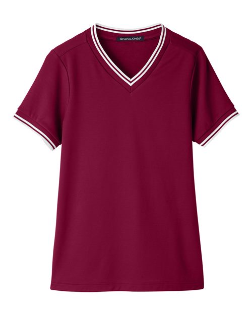 Load image into Gallery viewer, Devon &amp; Jones DG20CW Women's CrownLux Performance® Plaited Tipped V-Neck Shirt - Burgundy/ White
