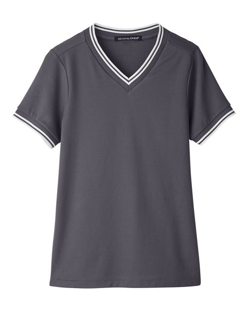 Devon & Jones DG20CW Women's CrownLux Performance® Plaited Tipped V-Neck Shirt - Graphite/ White