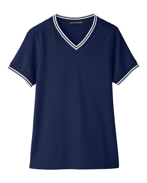 Devon & Jones DG20CW Women's CrownLux Performance® Plaited Tipped V-Neck Shirt - Navy/ White