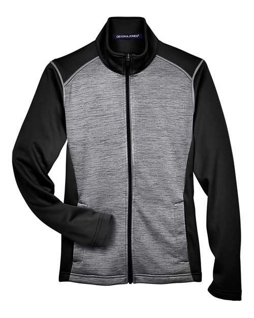 Load image into Gallery viewer, Devon &amp; Jones DG796W Women's Newbury Colorblock Mélange Fleece Full-Zip Jacket - Black Heather/ Dark Grey Heather
