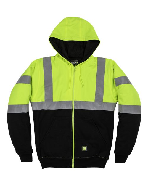 Berne Apparel HVF023 Men's Hi-Vis Class 3 Color Block Full-Zip Hooded Sweatshirt - Hi Vis Yellow