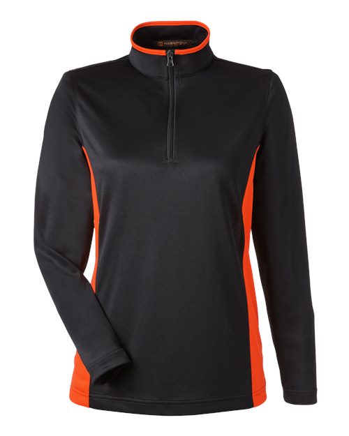 Harriton M786W Women's Flash Snag Protection Plus IL Colorblock Quarter-Zip Pullover - Black/ Team Orange