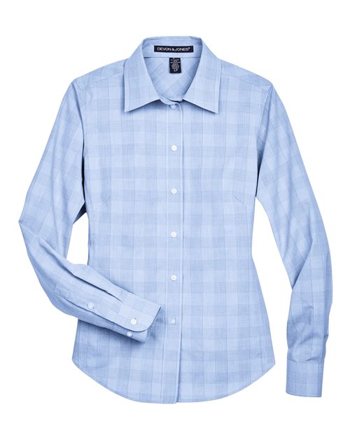 Devon & Jones DG520W Women's Crown Collection® Glen Plaid Woven Dress Shirt - White/ Light French Blue/ French Blue