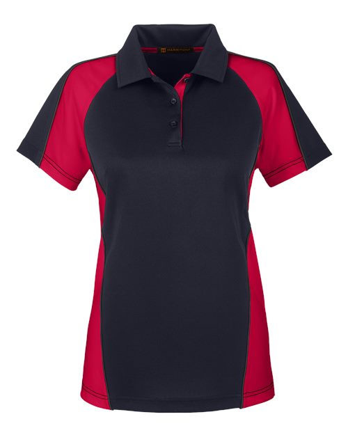 Harriton M385W Women's Advantage Snag Protection Plus IL Colorblock Polo - Black/ Red/ Dark Charcoal