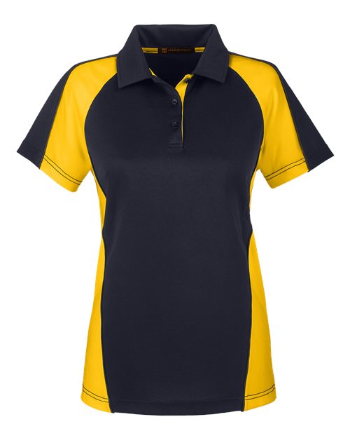 Harriton M385W Women's Advantage Snag Protection Plus IL Colorblock Polo - Black/ Sunray Yellow/ Dark Charcoal