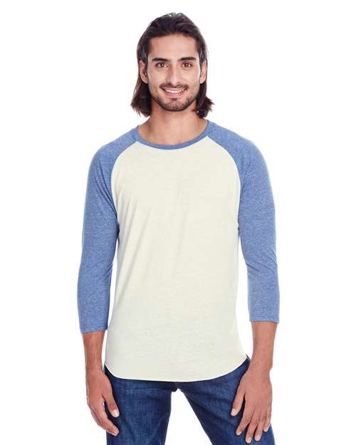 Load image into Gallery viewer, Threadfast Apparel 302G Unisex Triblend Three-Quarter Sleeve Raglan T-Shirt - Cream/ Navy Triblend
