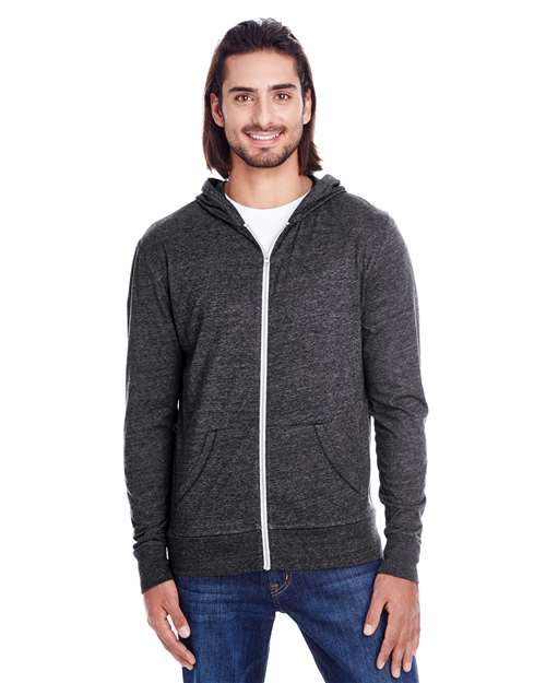 Load image into Gallery viewer, Threadfast Apparel 302Z Unisex Triblend Full-Zip Lightweight Hooded Sweatshirt - Black Triblend
