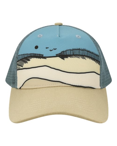 Load image into Gallery viewer, LOCALE 5PTKR Printed Five-Panel Trucker Cap - Sandy Shores/ Beige
