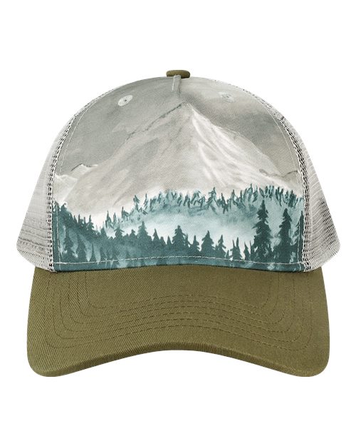 LOCALE 5PTKR Printed Five-Panel Trucker Cap - Denali Olive Green/ Grey