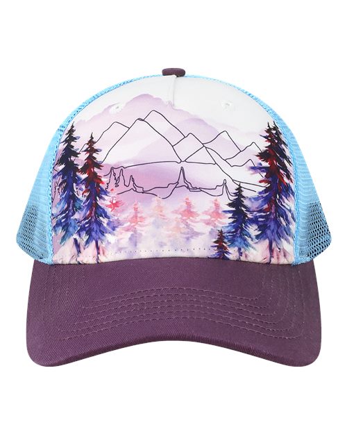 Load image into Gallery viewer, LOCALE 5PTKR Printed Five-Panel Trucker Cap - Explorer White/ Plum
