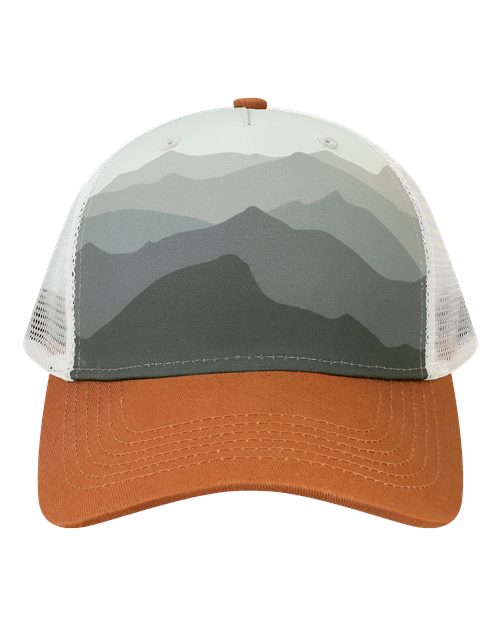 LOCALE 5PTKR Printed Five-Panel Trucker Cap - Ranges Grey/ Dark Orange
