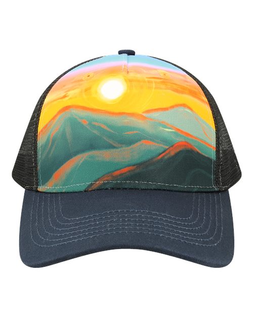 LOCALE 5PTKR Printed Five-Panel Trucker Cap - Sunset Hills/ Teal