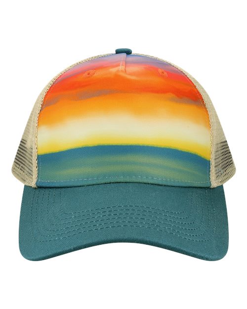 Load image into Gallery viewer, LOCALE 5PTKR Printed Five-Panel Trucker Cap - Watercolor Sunset/ Teal
