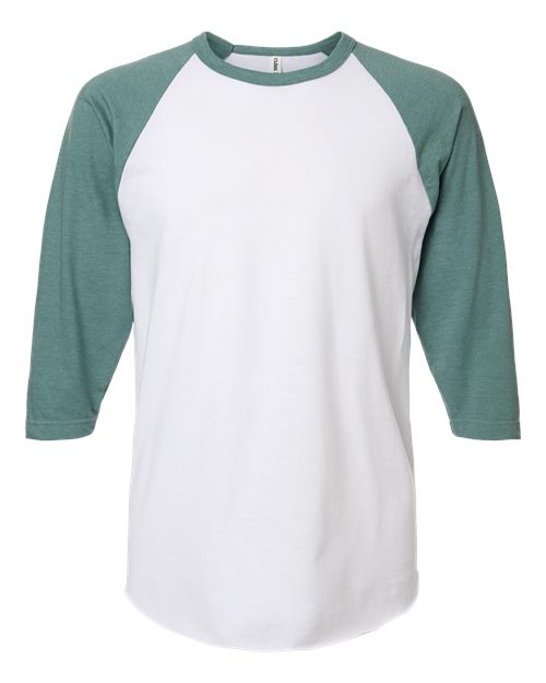 Load image into Gallery viewer, Unisex Fine Jersey Raglan T-Shirt - White/ Heather Seafoam
