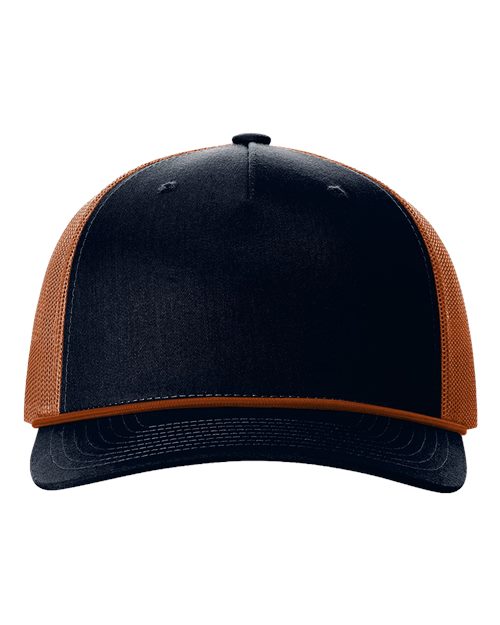 Load image into Gallery viewer, Richardson 112FPR Five-Panel Trucker Rope Cap - Navy/ Dark Orange/ Dark Orange
