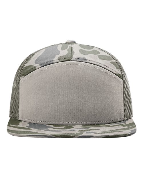 Load image into Gallery viewer, Richardson 168P Printed Seven-Panel Trucker Cap - Marsh Duck Camo/ Loden Green
