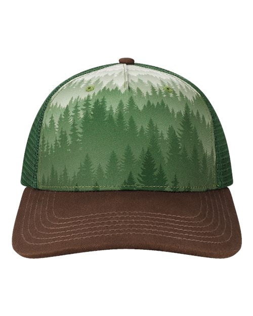 Load image into Gallery viewer, LOCALE 5PTKR Printed Five-Panel Trucker Cap - Faded Forest/ Brown
