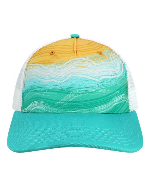 Load image into Gallery viewer, LOCALE 5PTKR Printed Five-Panel Trucker Cap - High Tide/ Emerald Green
