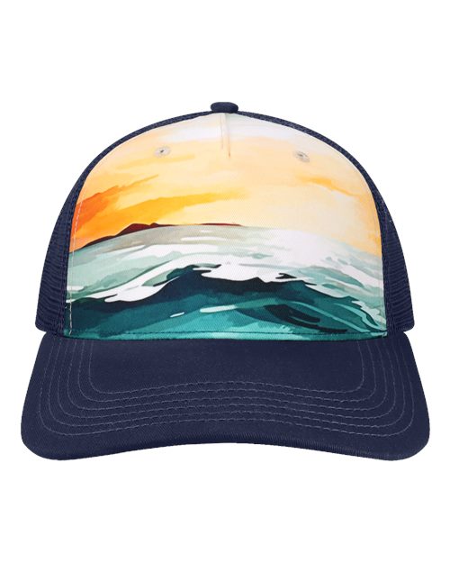 Load image into Gallery viewer, LOCALE 5PTKR Printed Five-Panel Trucker Cap - Sunset Splash/ Navy
