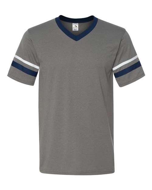 Load image into Gallery viewer, Augusta Sportswear 360 V-Neck Jersey with Striped Sleeves - Graphite/ Navy/ White
