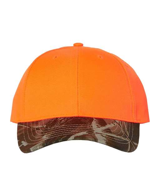 Load image into Gallery viewer, Kati LC25 Solid Crown with Camo Bill Cap - Blaze/ Realtree Hardwoods
