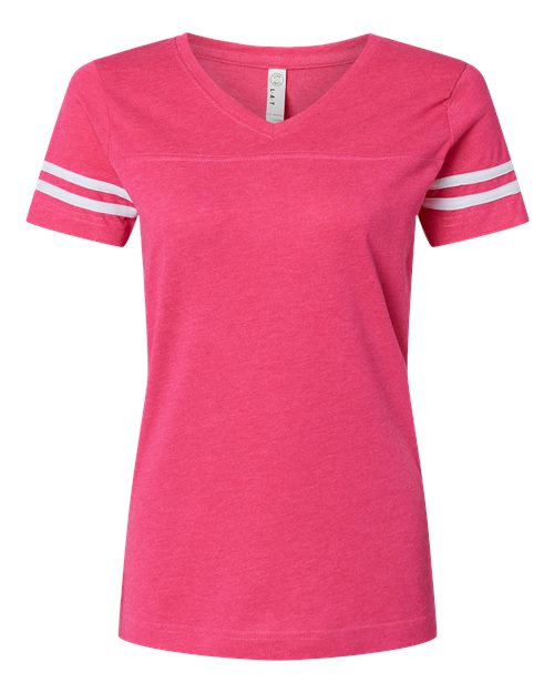 LAT 3537 Women's Football V-Neck Fine Jersey Tee - Vintage Hot Pink/ White