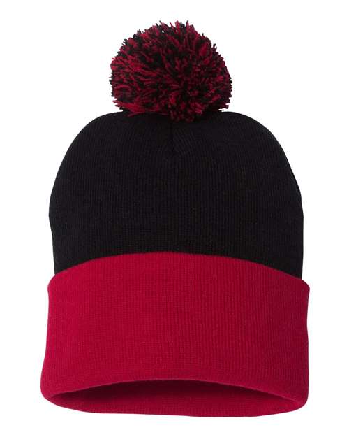 Sportsman SP15 12" Pom-Pom Cuffed Beanie - Black/ Red