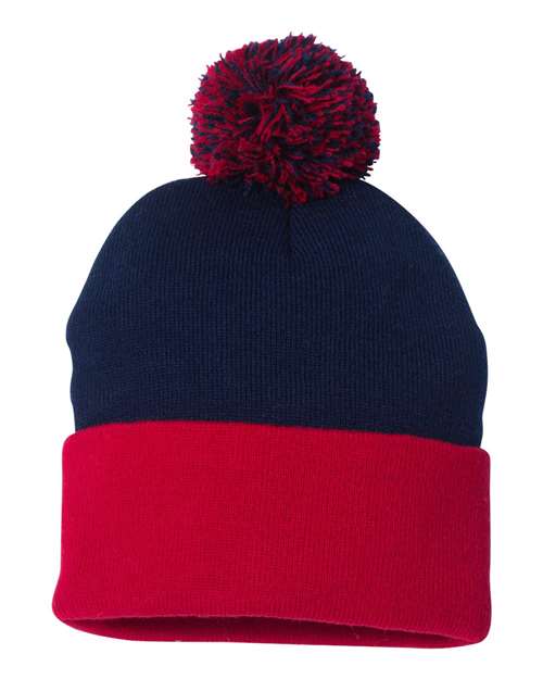 Load image into Gallery viewer, Sportsman SP15 12" Pom-Pom Cuffed Beanie - Navy/ Red
