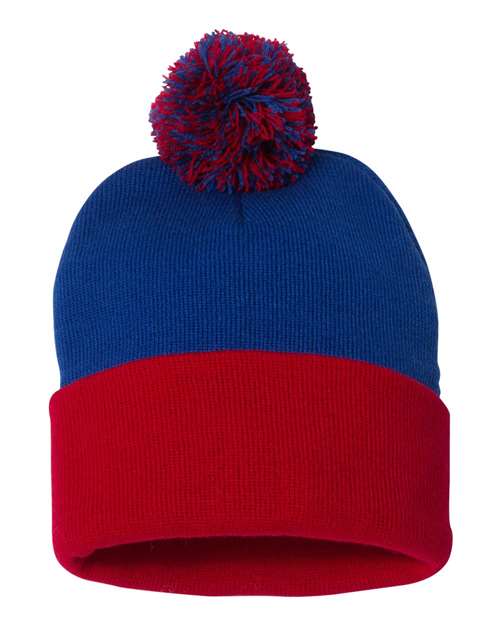 Load image into Gallery viewer, Sportsman SP15 12" Pom-Pom Cuffed Beanie - Royal/ Red
