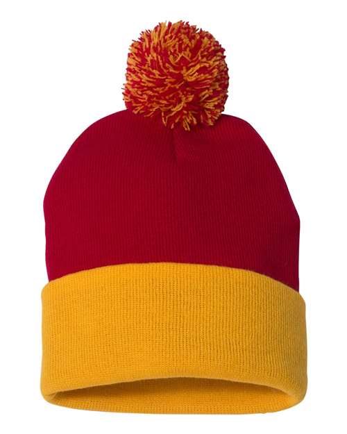 Load image into Gallery viewer, Sportsman SP15 12" Pom-Pom Cuffed Beanie - Red/ Gold
