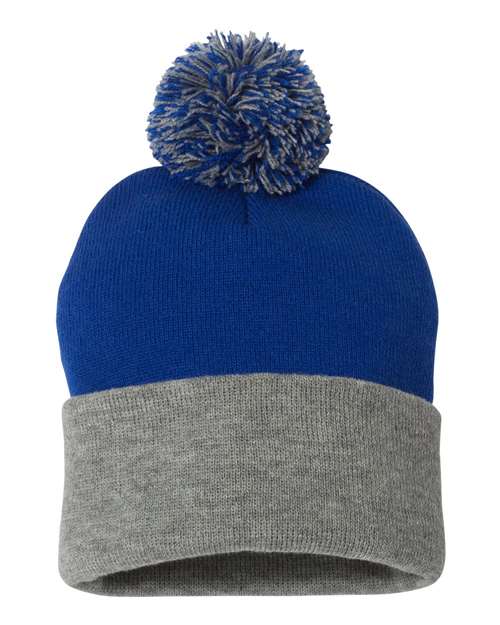 Sportsman SP15 12" Pom-Pom Cuffed Beanie - Royal/ Light Heather Grey