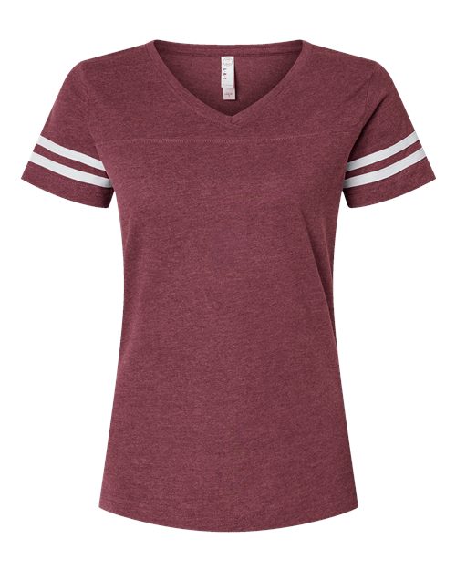 LAT 3537 Women's Football V-Neck Fine Jersey Tee - Vintage Burgundy/ White