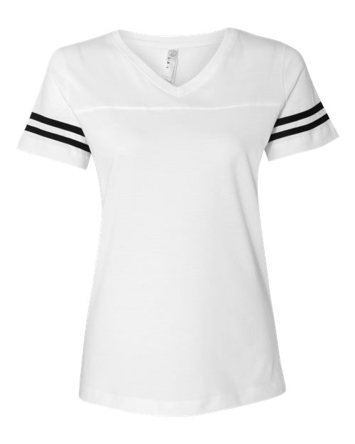 Load image into Gallery viewer, LAT 3537 Women's Football V-Neck Fine Jersey Tee - White Solid/ Black
