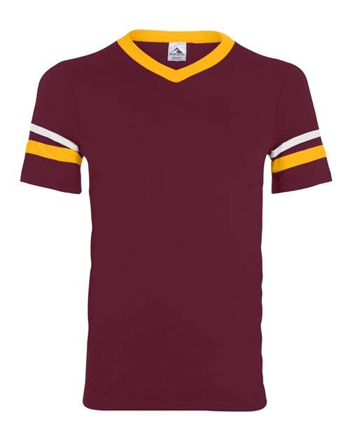 Augusta Sportswear 360 V-Neck Jersey with Striped Sleeves - Maroon/ Gold/ White