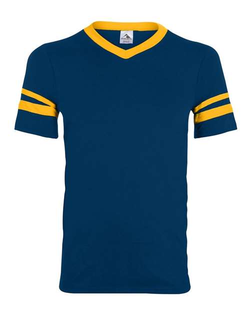 Load image into Gallery viewer, Augusta Sportswear 360 V-Neck Jersey with Striped Sleeves - Navy/ Gold

