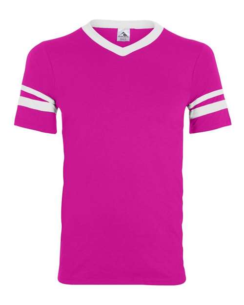 Load image into Gallery viewer, Augusta Sportswear 360 V-Neck Jersey with Striped Sleeves - Power Pink/ White
