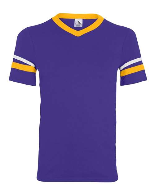 Load image into Gallery viewer, Augusta Sportswear 360 V-Neck Jersey with Striped Sleeves - Purple/ Gold/ White

